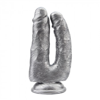Серебристый анально-вагинальный фаллоимитатор Dick Cumming - 18 см.