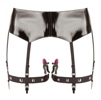 Черная сбруя на бедра с зажимами для половых губ Suspender Belt with Clamps, черный