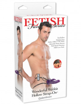Фиолетовый полый страпон с вибрацией и клиторальным стимулятором Wonderful Wabbit Hollow Strap-on - 18 см.